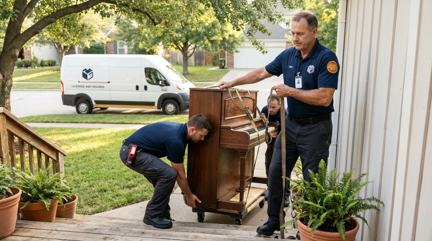 Licensed piano movers securing grand piano in Tea, SD