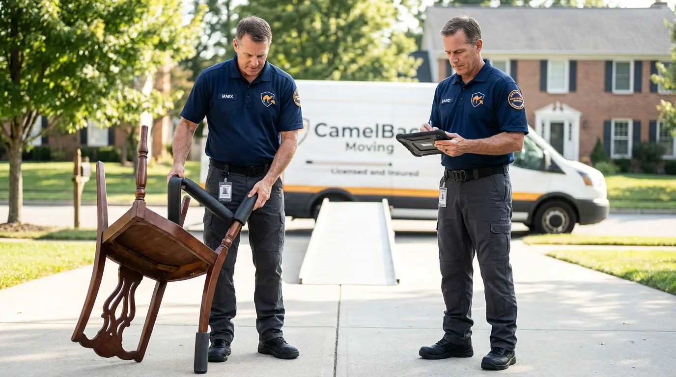 Movers inspecting furniture for damage prevention before loading in Tea, SD