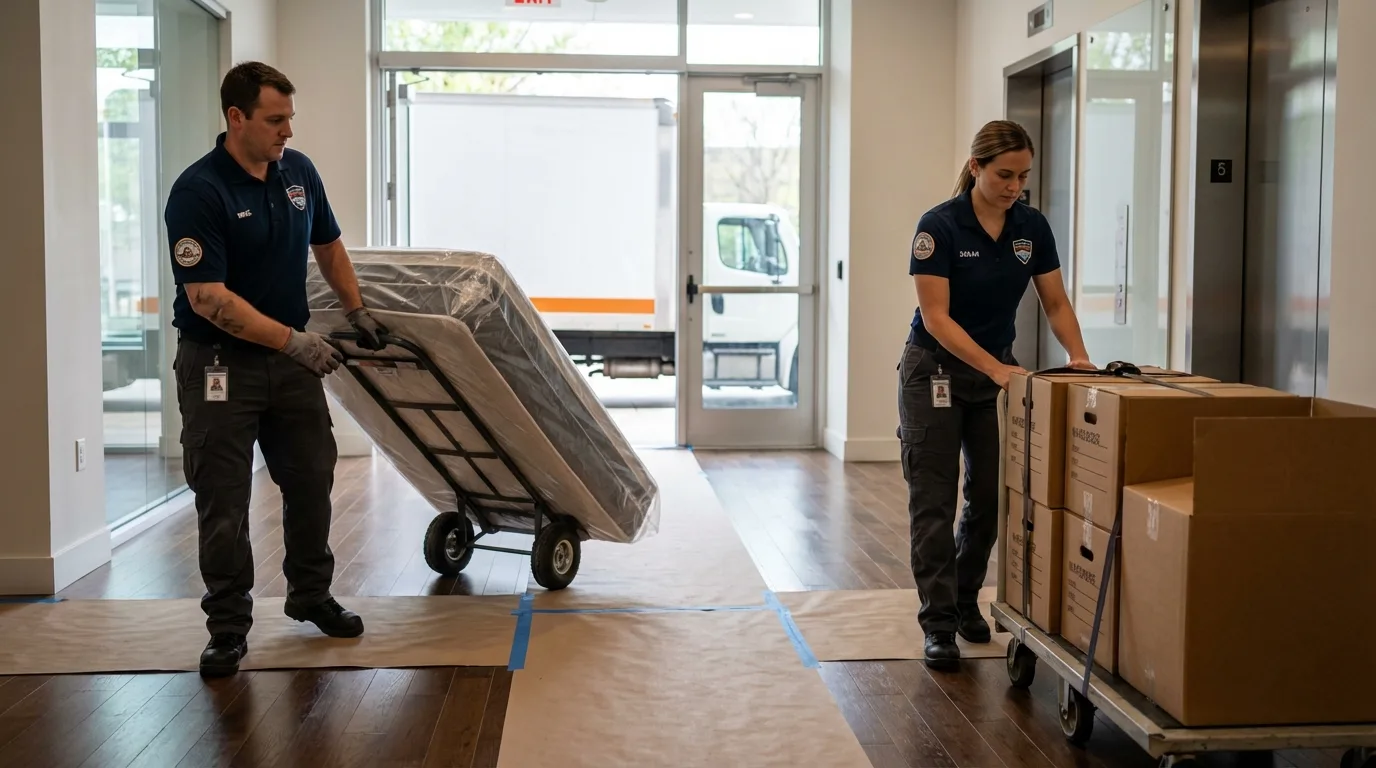Professional apartment movers loading elevator in Tea, SD