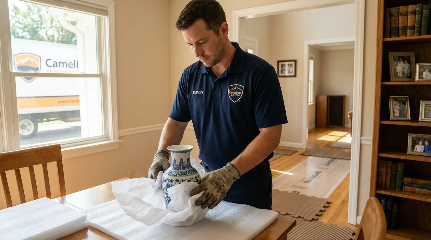 Professional crew carefully wrapping antique vase for senior downsizing move in Tea, SD